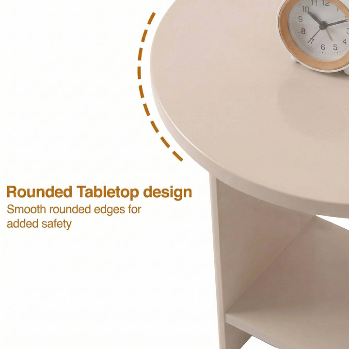 [Taupe] Small Round Side Table with Shelf Living Room detail infographic highlighting the smooth rounded tabletop edge profile with safety callout graphic