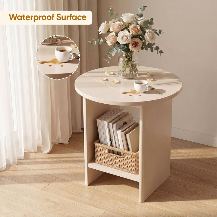 [Taupe] Small Round Side Table with Shelf Living Room infographic highlighting waterproof wipe-clean surface with spill close-up callout and wicker basket on lower shelf