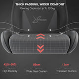 [Dark Grey + Light Grey] Close-up diagram showcasing the 13cm thickened cushion and wider seat design of the gaming chair.