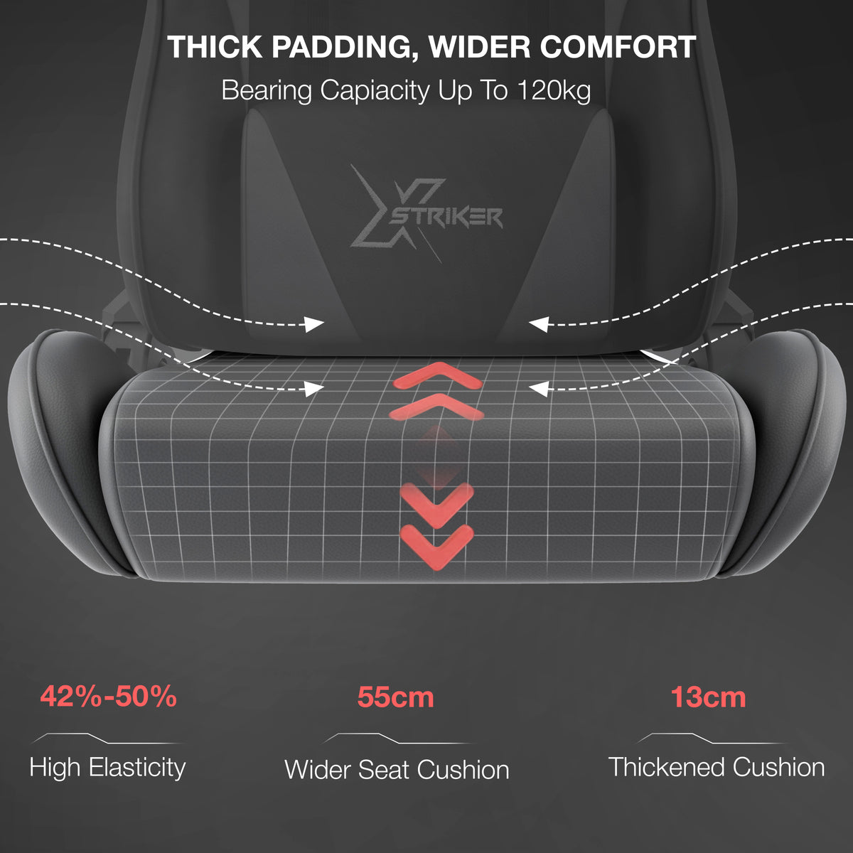[Dark Grey + Light Grey] Close-up diagram showcasing the 13cm thickened cushion and wider seat design of the gaming chair.