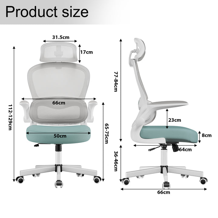 [Tiffany Blue + Grey] Product size chart for teal ergonomic mesh office chair. Includes detailed dimensions for seat, backrest, and overall height.