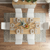 [6 Seater | White] White & Pine 4-6 Seater Dining Table and Chairs Set top-down aerial look showcasing the symmetrical arrangement of six matching white faux-leather high-back chairs
