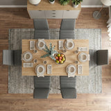 [6 Seater | Grey] White & Pine 4-6 Seater Dining Table and Chairs Set top-down aerial look showcasing the symmetrical arrangement of six matching grey faux-leather high-back chairs