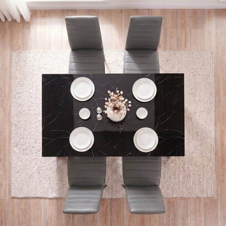 [4 Seater | Grey] Gloss Black Marble Finish 4-6 Seater Dining Table and Chairs Set top-down look at a four-person