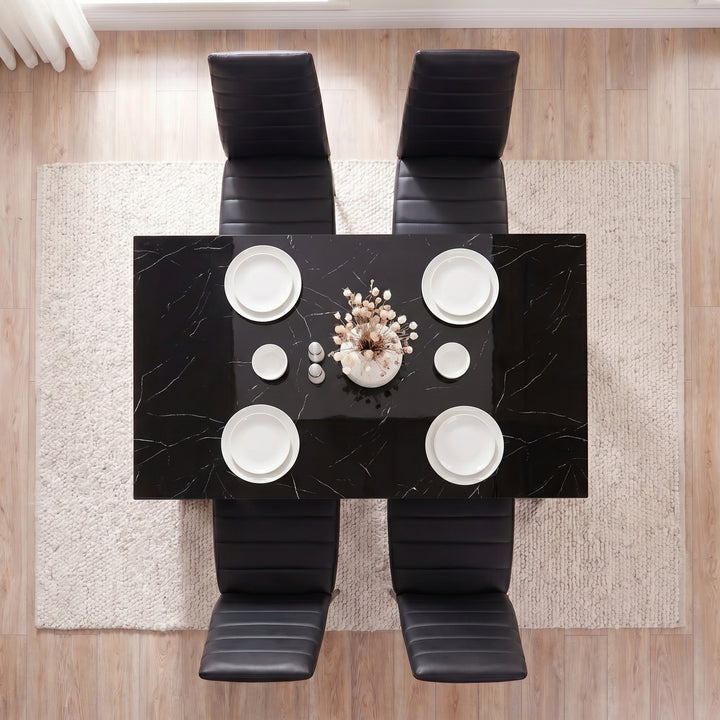 [4 Seater | Black] Gloss Black Marble Finish 4-6 Seater Dining Table and Chairs Set top-down look at a four-person setup.