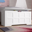 [White] White toy storage box with toys inside in a child's room.