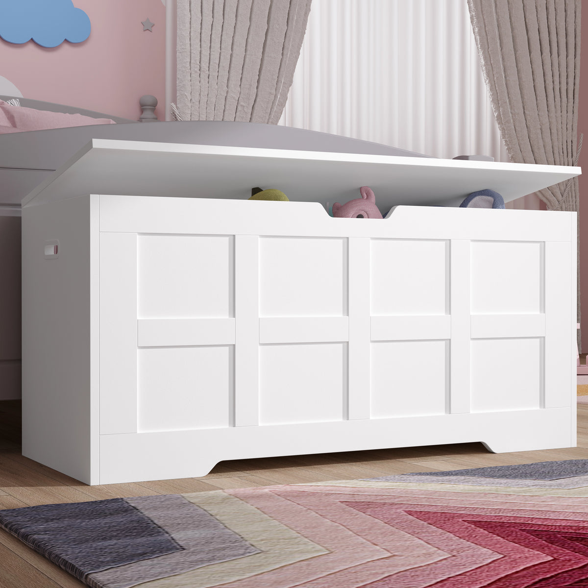 [White] White toy storage box with toys inside in a child's room.