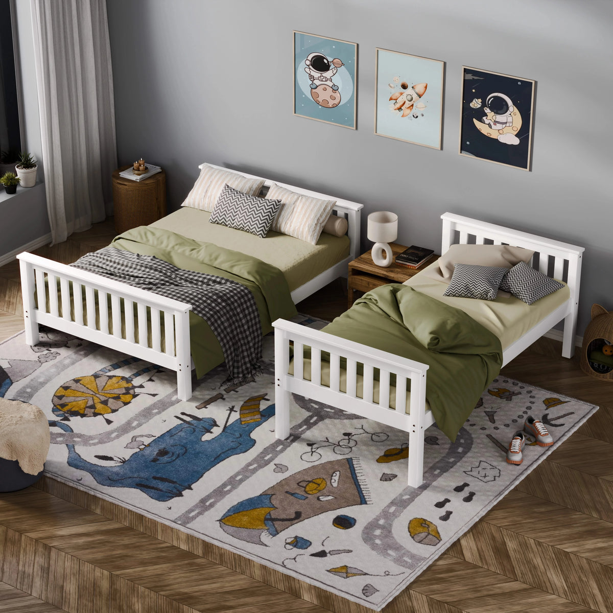 [White | Single+Double] White triple bunk bed split into separate single and double beds set side by side in kids room