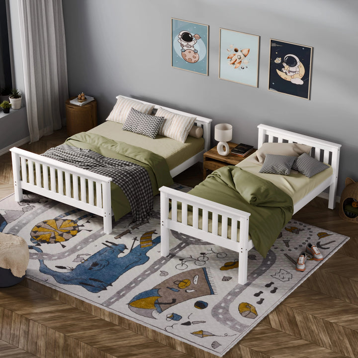 [White | Single+Double] White triple bunk bed split into separate single and double beds set side by side in kids room