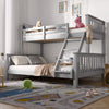 [Grey | Single+Double] Triple bunk bed in grey timber with toy unicorns up top and crab plush on lower double bedding