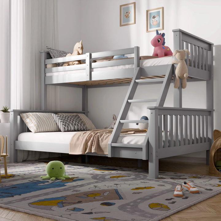 [Grey | Single+Double] Triple bunk bed in grey timber with toy unicorns up top and crab plush on lower double bedding