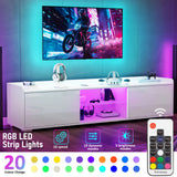 [White] TV stand RGB strip lights infographic, remote control, 19 dynamic modes, 5 brightness levels