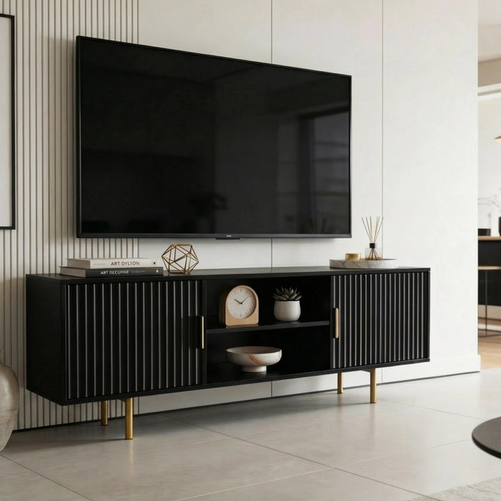 [Black] Black 180cm TV unit angled lifestyle with central open shelf in view and decorative items styled across top.