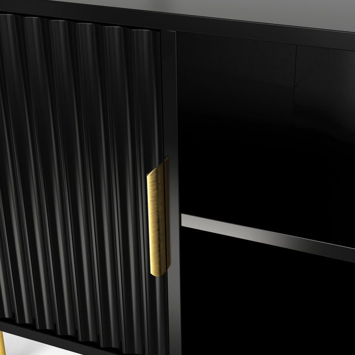 [Black]   Detail shot of black 140cm TV cabinet, ribbed door and gold handle next to glimpse of internal shelf