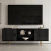 [Black]  Front view of black TV entertainment unit with ribbed cabinet doors, gold handles and slim gold cylindrical legs
