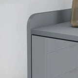 [Grey] edge view grey TV unit highlighting curved tray-style top and gloss flap door below