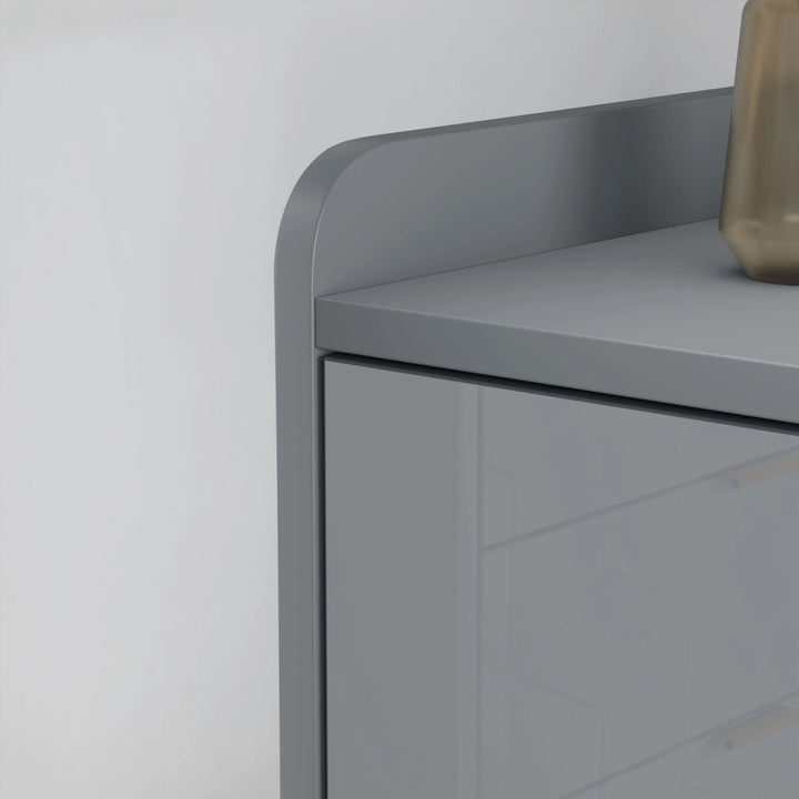 [Grey] edge view grey TV unit highlighting curved tray-style top and gloss flap door below