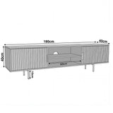 [White] Sizing diagram of white Flutrina TV unit: 180cm wide, 40cm deep, body 40cm tall on 15cm legs, 60cm centre shelf.