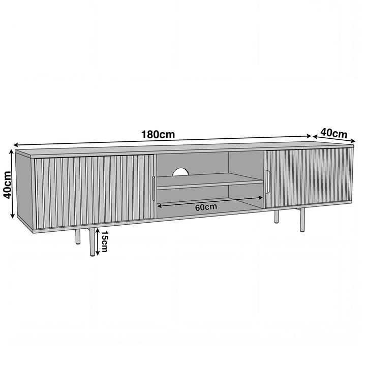 [White] Sizing diagram of white Flutrina TV unit: 180cm wide, 40cm deep, body 40cm tall on 15cm legs, 60cm centre shelf.
