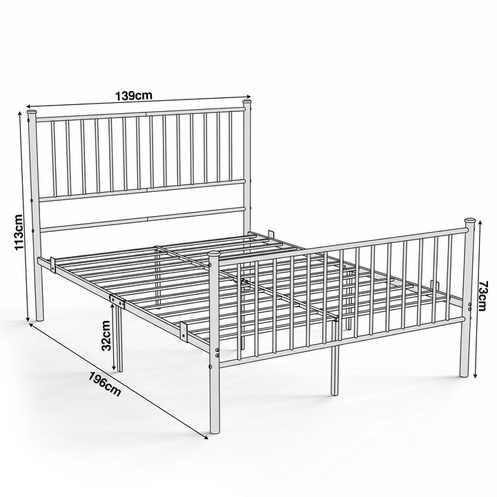 [Black | Double] Metal bed-frame size guide showing 139 x 196cm, 113cm headboard, 73cm footboard and 32cm clearance.