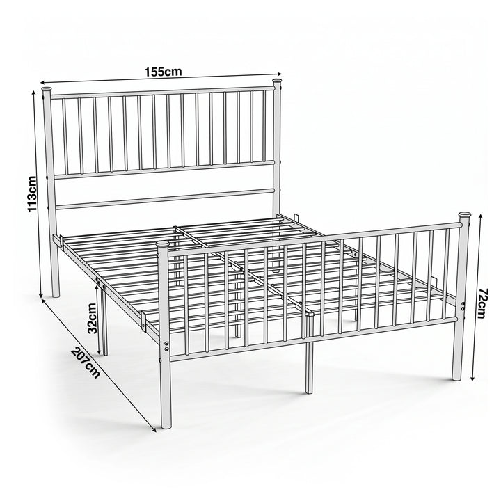 [Black | King] Metal king bed size guide showing 155cm wide, 207cm long, 113cm headboard, 72cm footboard and 32cm clearance.