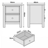 [White] Haven 2-drawer bedside table dimensions diagram showing W50cm x D40cm x H60cm with drawer interior 33x31x16cm