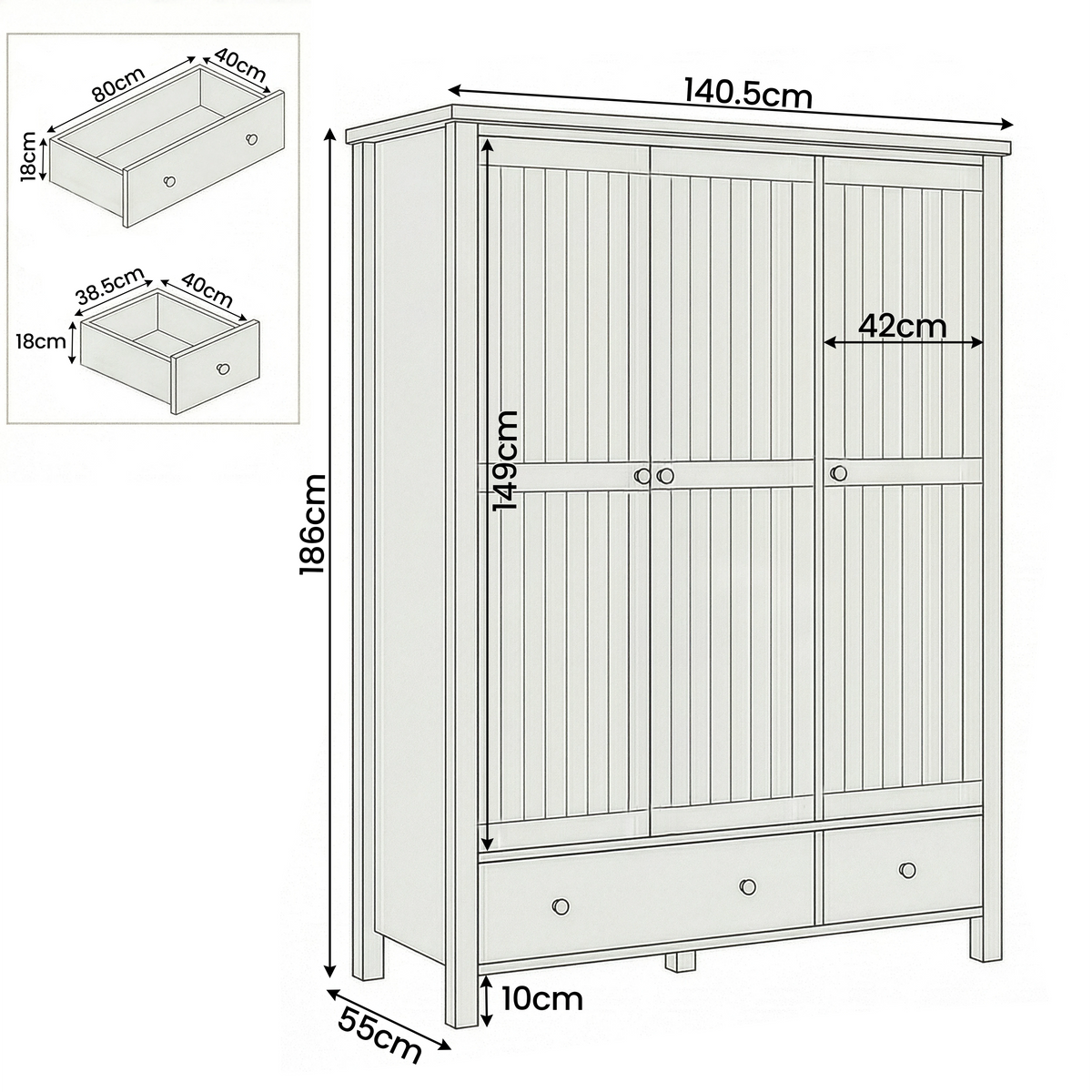 [Blue] Linra wardrobe dimensions: 140.5 x 55 x 186 cm with internal hanging 149 cm and drawer 80 x 40 x 18 dm 