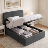[Small Double | Grey] Gas-lift base raised to show under-bed storage with folded linen, pillows and towels