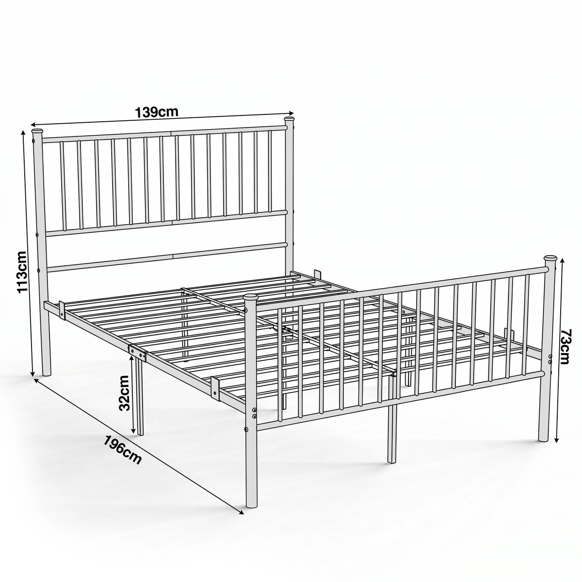 [White | Double] White metal bed-frame size guide showing 139 x 196cm, 113cm headboard, 73cm footboard, and 32cm clearance.