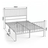 [White | King] Metal king bed size guide showing 155cm wide, 207cm long, 113cm headboard, 72cm footboard and 32cm clearance.