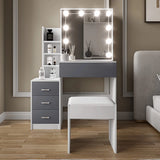 [White + Grey] Symmetrical front view of white and grey Hollywood mirror dressing table with stool tucked beside desktop
