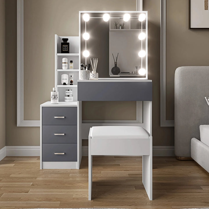 [White + Grey] Symmetrical front view of white and grey Hollywood mirror dressing table with stool tucked beside desktop