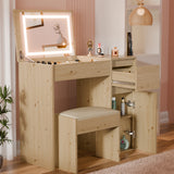 [Oak] Wooden vanity with mirror and stool in a room setting