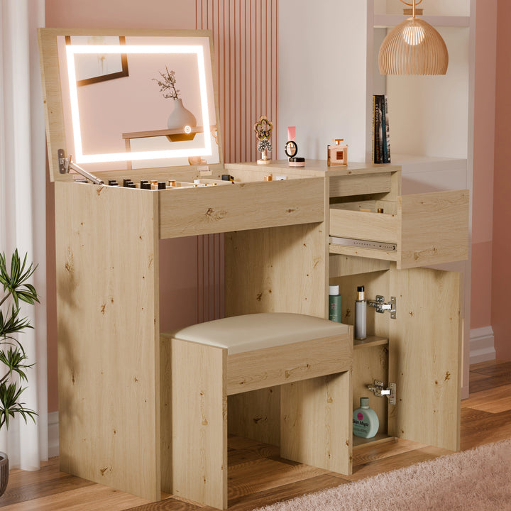 [Oak] Wooden vanity with mirror and stool in a room setting