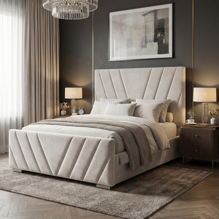 [Double | Beige] Wide angle of velvet ottoman bed with chevron-stitched panels in styled bedroom with nightstands