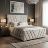 [Double | Beige] Side angle of velvet ottoman bed with V-shaped chevron channel stitching on tall headboard and footboard