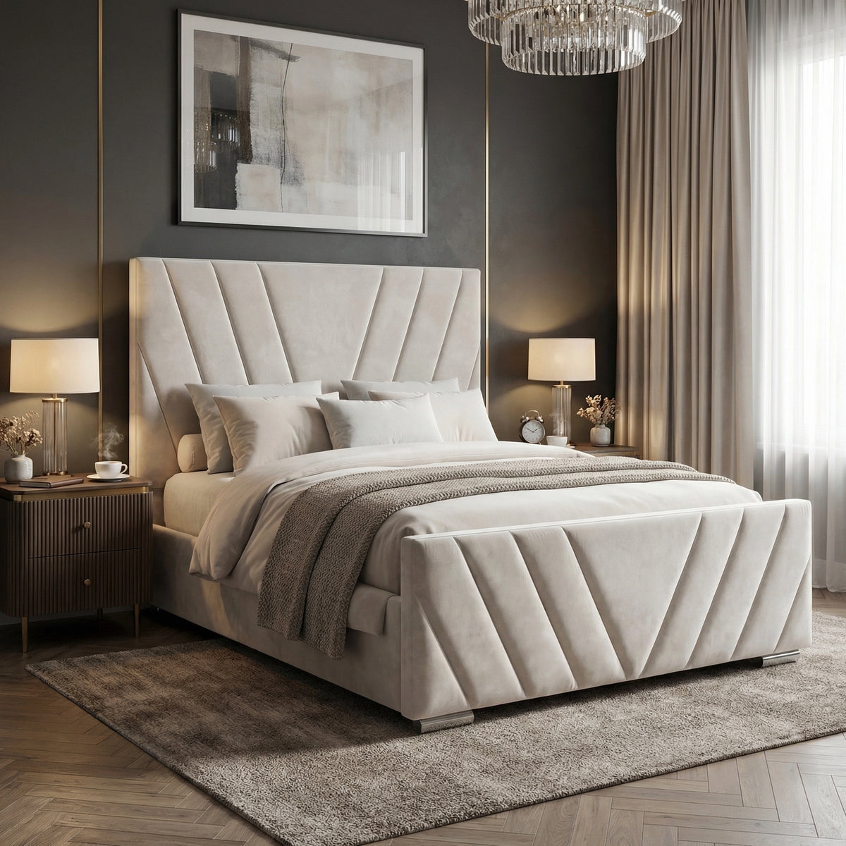 [Double | Beige] Side angle of velvet ottoman bed with V-shaped chevron channel stitching on tall headboard and footboard