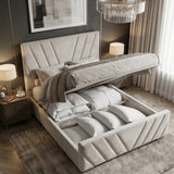 [Double | Beige] Gas-lift mechanism raising mattress platform showing full-length under-bed storage in velvet frame
