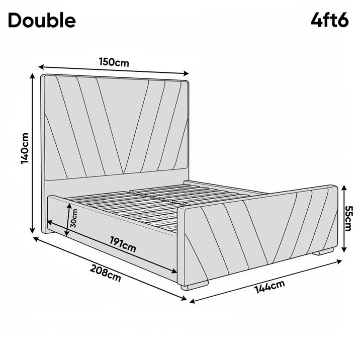 [Double | Blue] Dimensions diagram showing 150cm width and 208cm length with 140cm headboard height