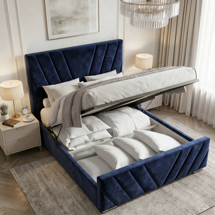 [Double | Blue] Ottoman bed lifted open from side revealing deep storage compartment with pillows and duvets inside