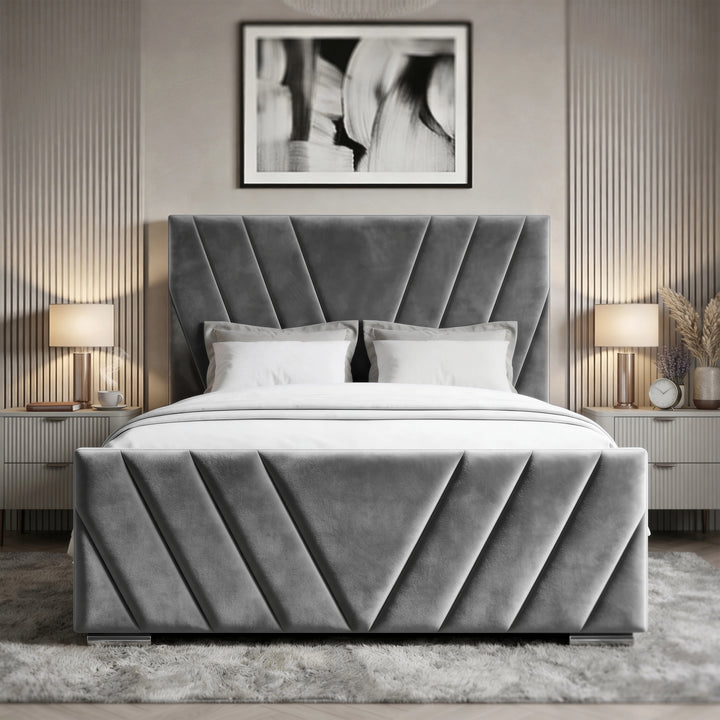 [Double | Dark Grey] Symmetrical view showing tall V-pattern headboard with white bedding and matching lamps on both sides