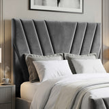 [Double | Dark Grey] Velvet headboard texture close-up with dramatic diagonal lines and white pillows below