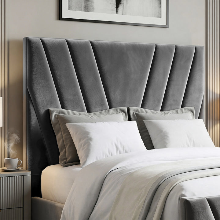 [Double | Dark Grey] Velvet headboard texture close-up with dramatic diagonal lines and white pillows below