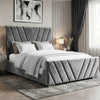 [Double | Dark Grey] Side angle of velvet ottoman bed with V-shaped chevron channel stitching on tall headboard and footboard