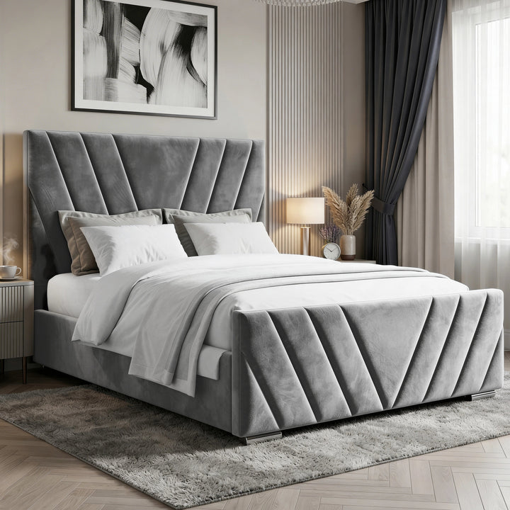 [Double | Dark Grey] Side angle of velvet ottoman bed with V-shaped chevron channel stitching on tall headboard and footboard