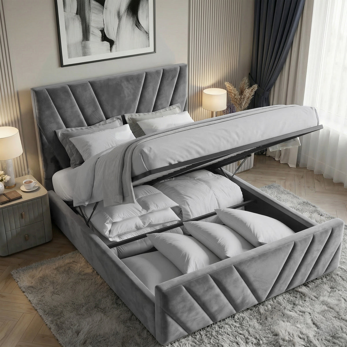 [Double | Dark Grey] Gas-lift mechanism raising mattress platform showing full-length under-bed storage in velvet frame