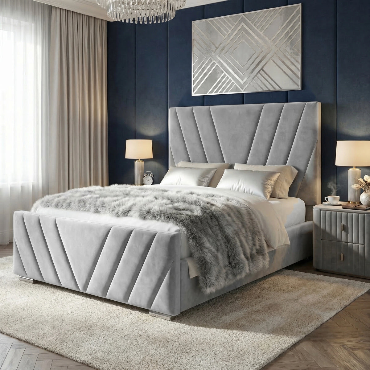[Double | Grey] Wide angle of velvet ottoman bed with chevron-stitched panels in styled bedroom with nightstands