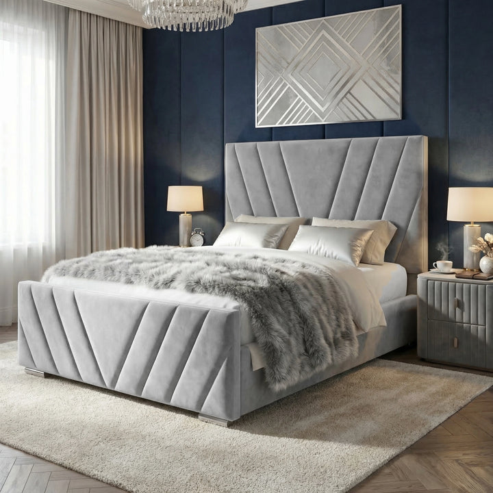 [Double | Grey] Wide angle of velvet ottoman bed with chevron-stitched panels in styled bedroom with nightstands