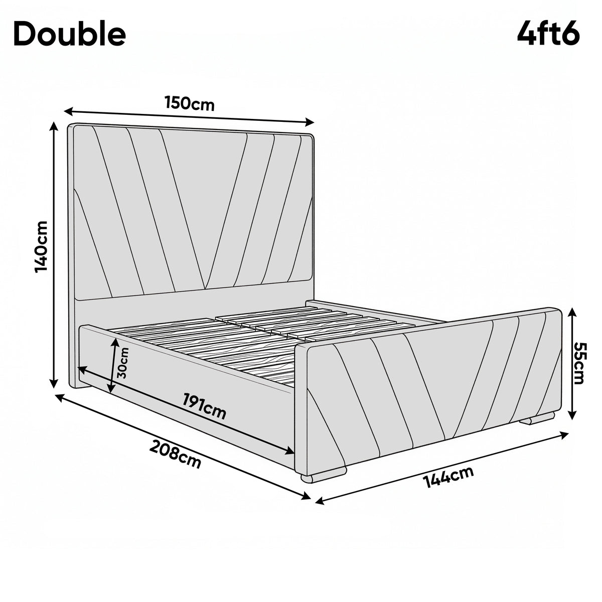 [Double | Grey] Dimensions diagram showing 150cm width and 208cm length with 140cm headboard height