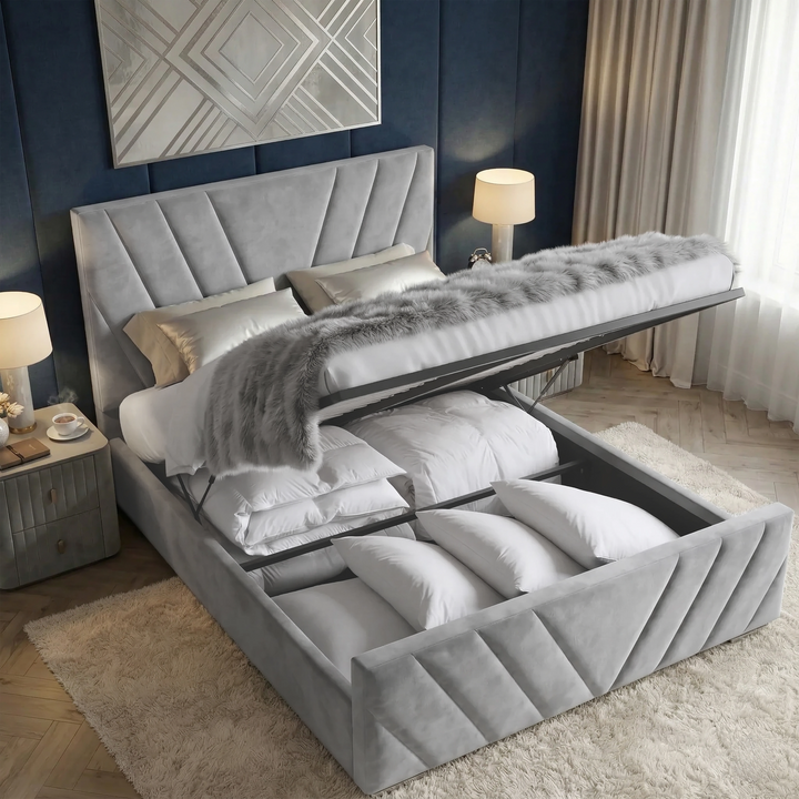 [Double | Grey] Gas-lift mechanism raising mattress platform showing full-length under-bed storage in velvet frame